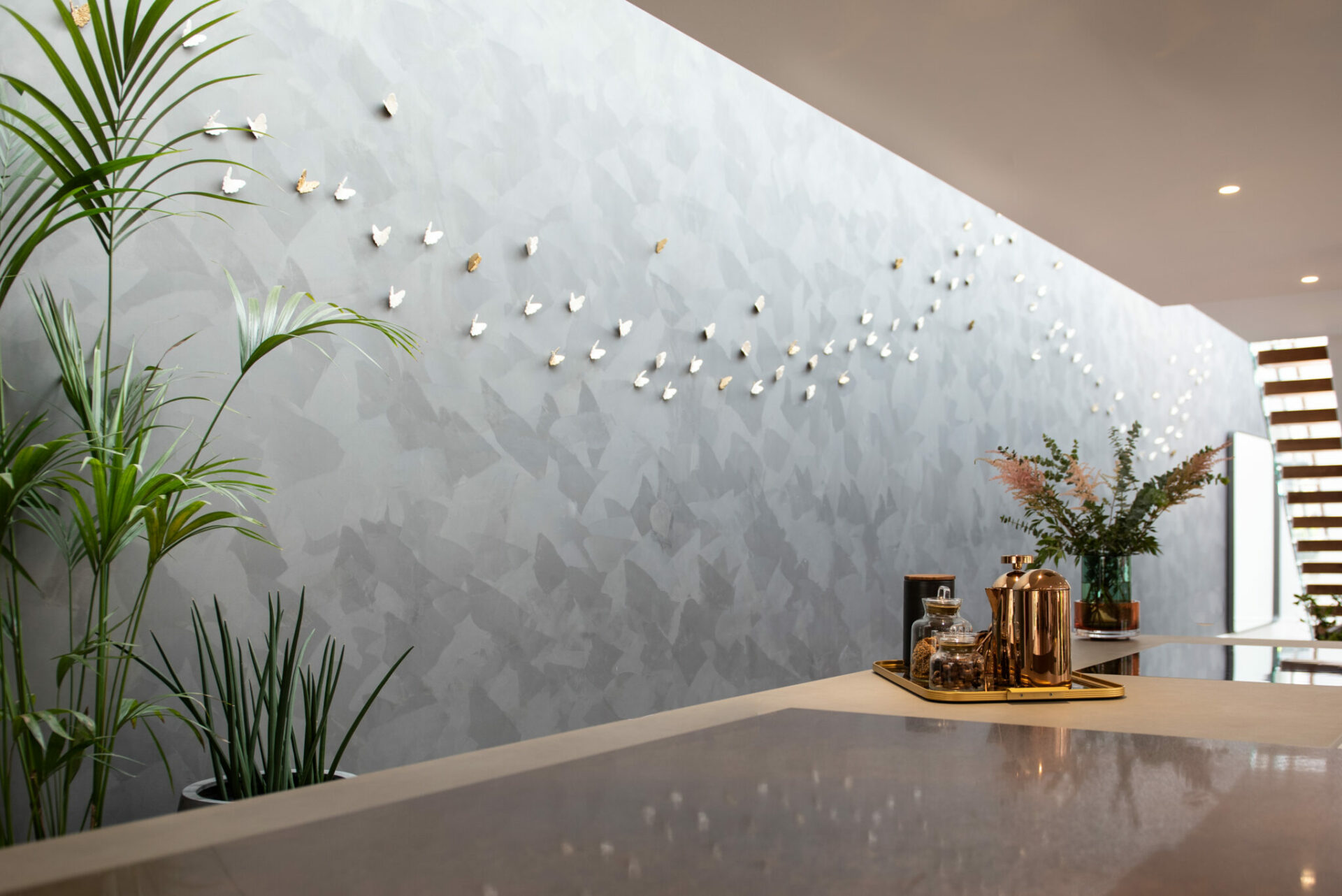 large wall with ceramic wall art